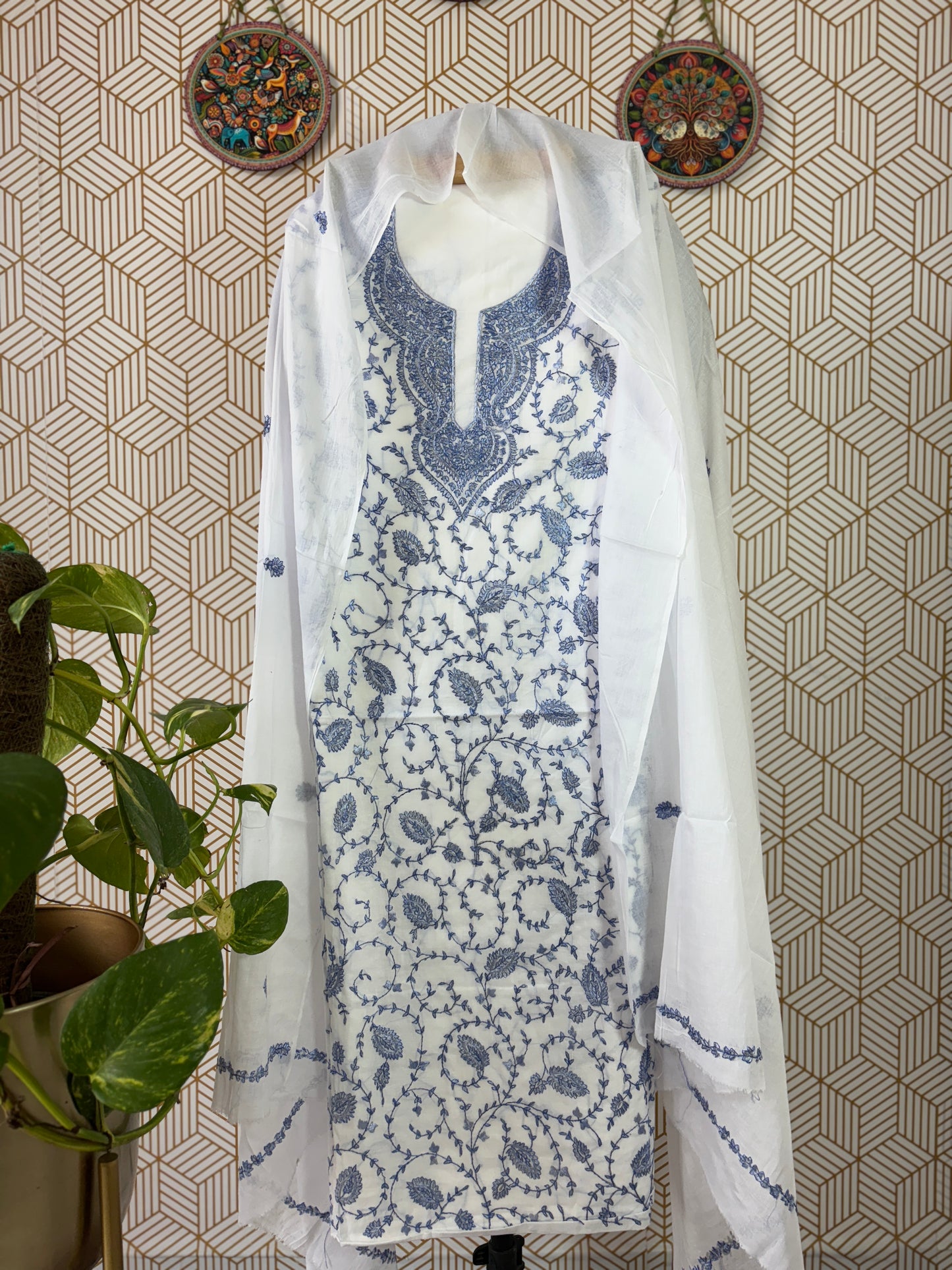 Pure Mul Cotton Kantha Suit Set with Kashmiri Embroidery