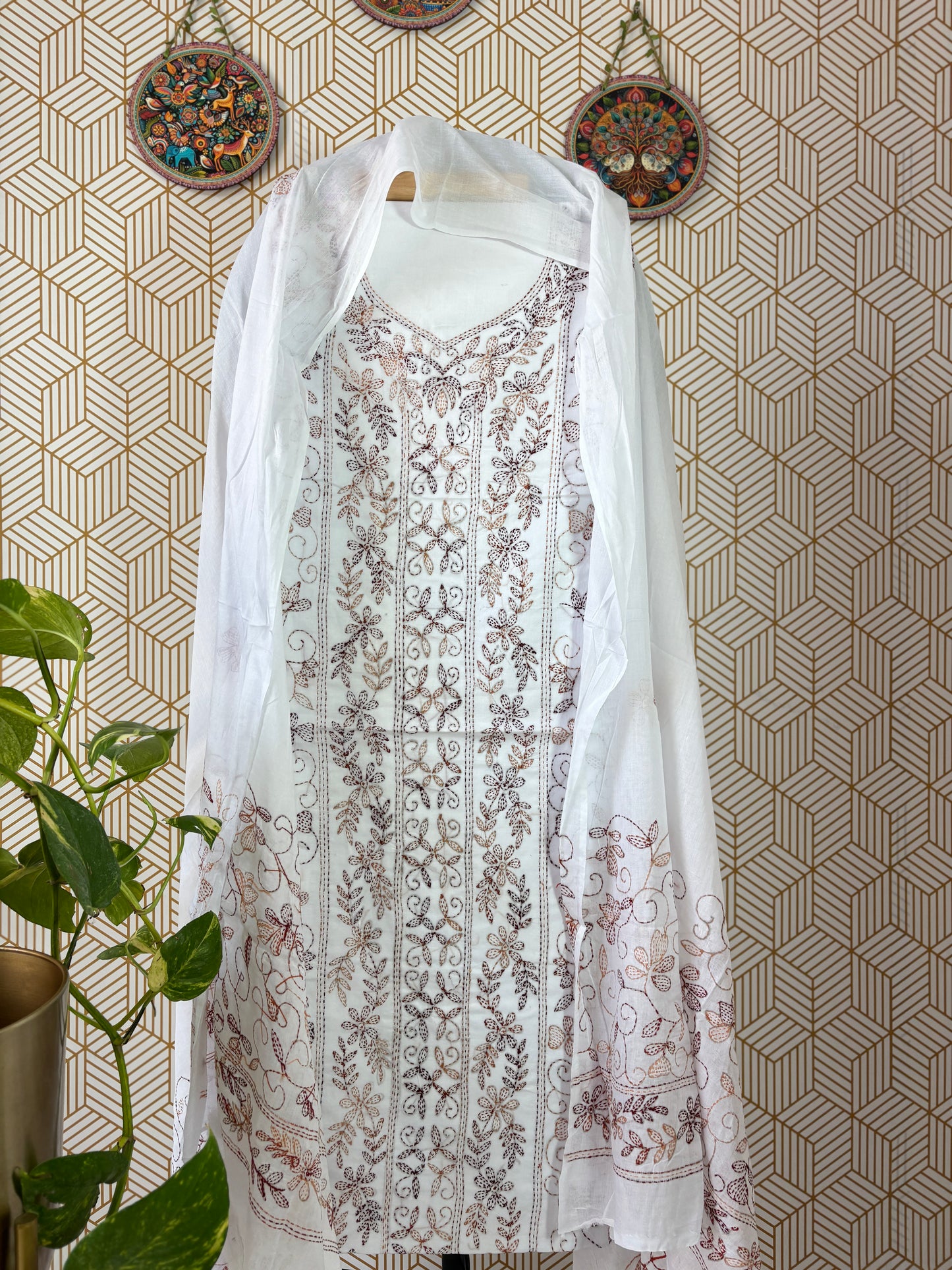 Kantha hand embroidered Suit Set Pure Cotton- White Base