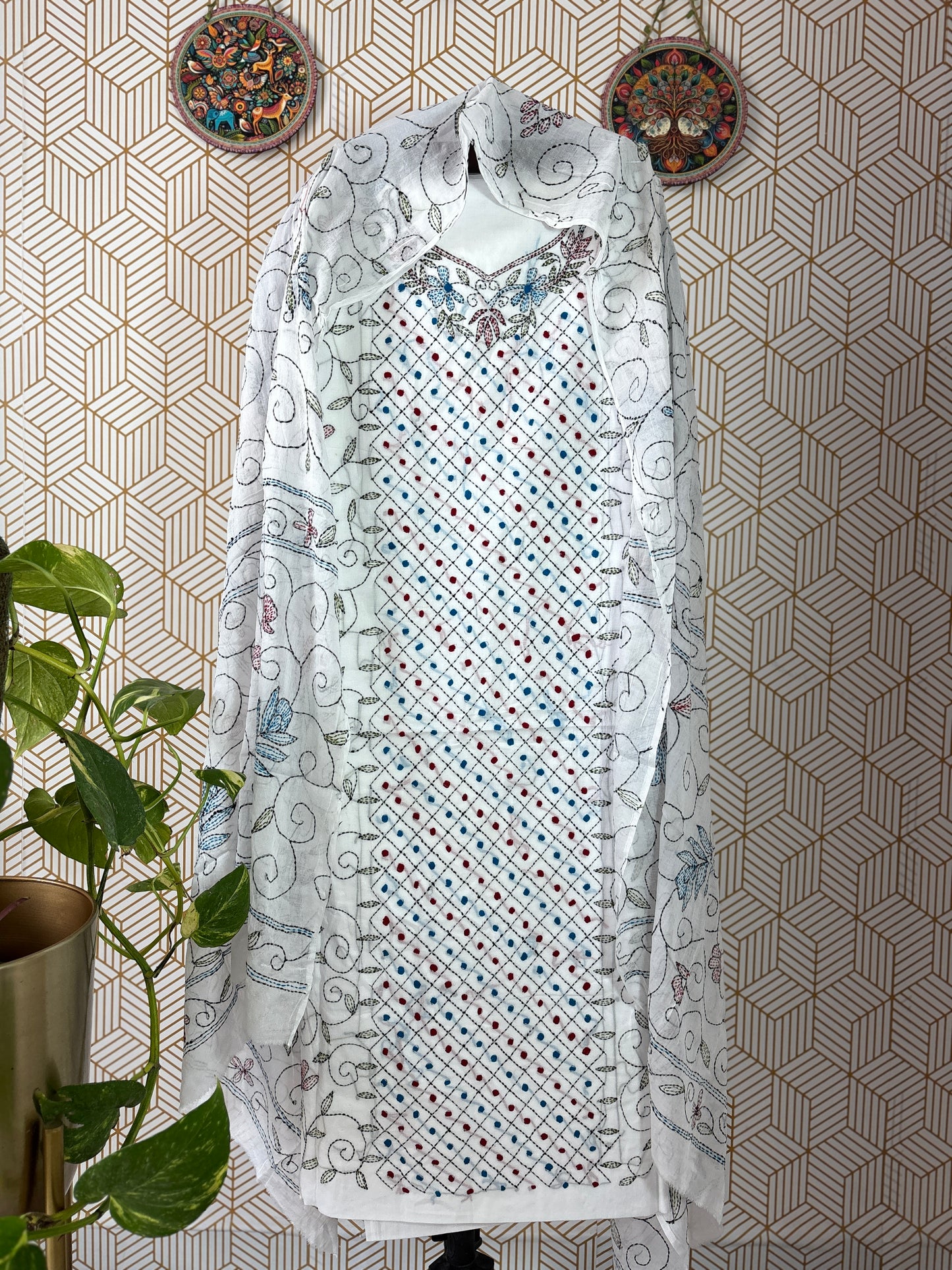 Pure Cotton Kantha Handwork Suit Set-Geometrical Shape