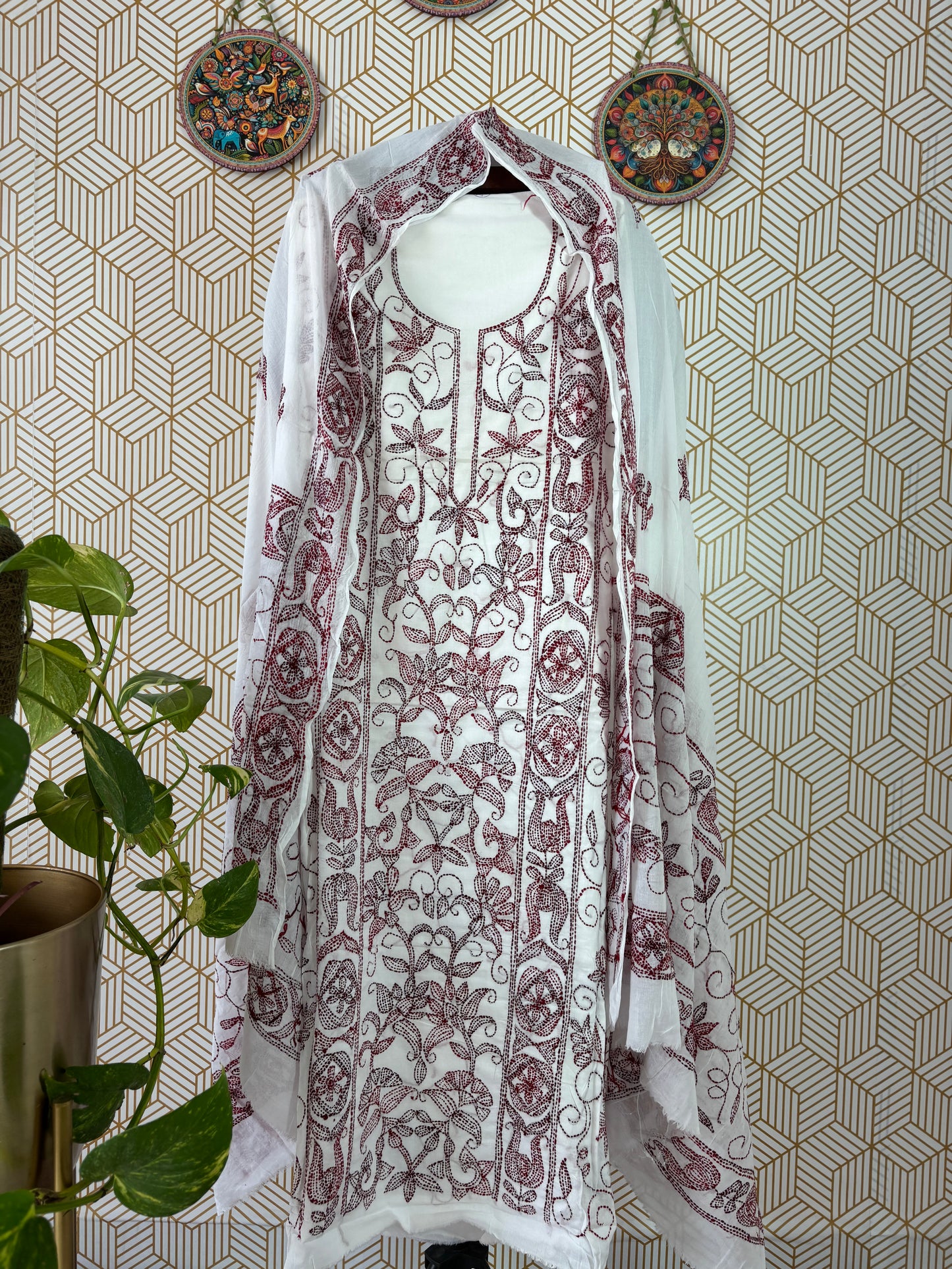 Kantha hand embroidered Suit Set Pure Cotton- White Base