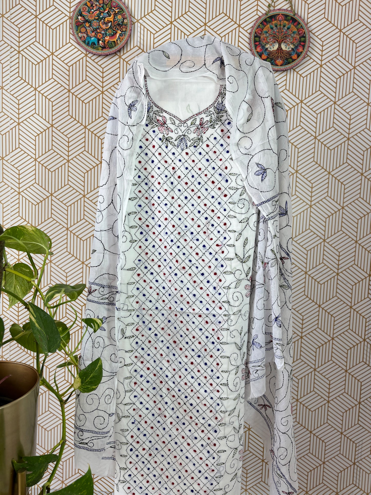 Pure Cotton Kantha Handwork Suit Set-Geometrical Shape