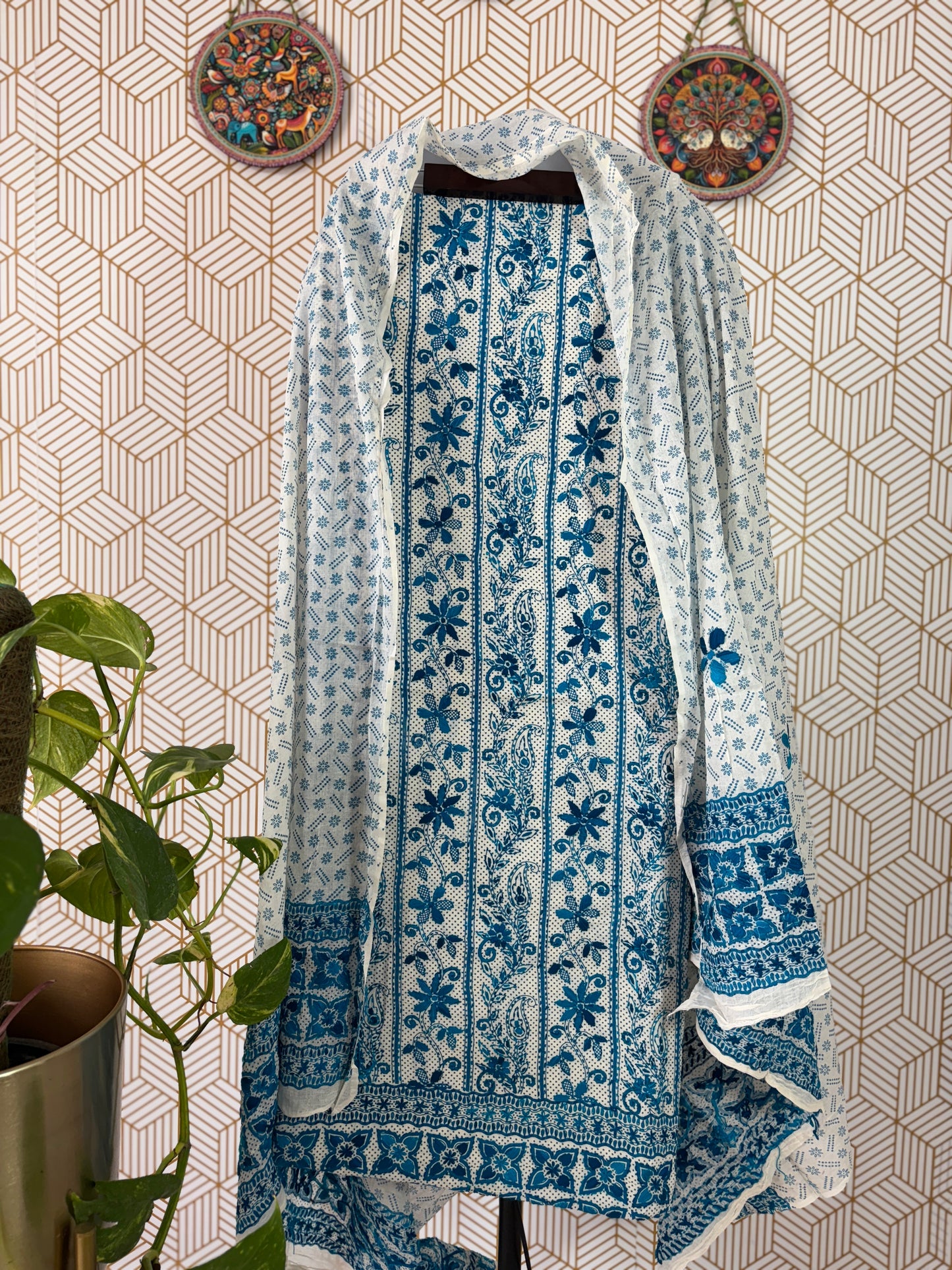 Hand Block Printed Pure Cotton Suit Set with Kantha Embroidery