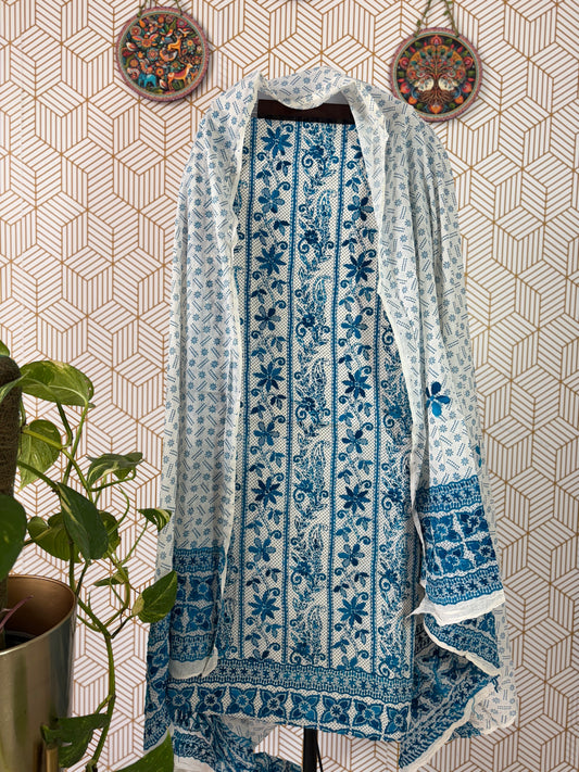 Hand Block Printed Pure Cotton Suit Set with Kantha Embroidery