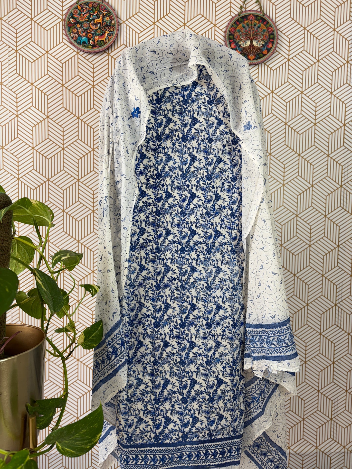 Hand Block Printed Pure Cotton Suit Set with Kantha Embroidery