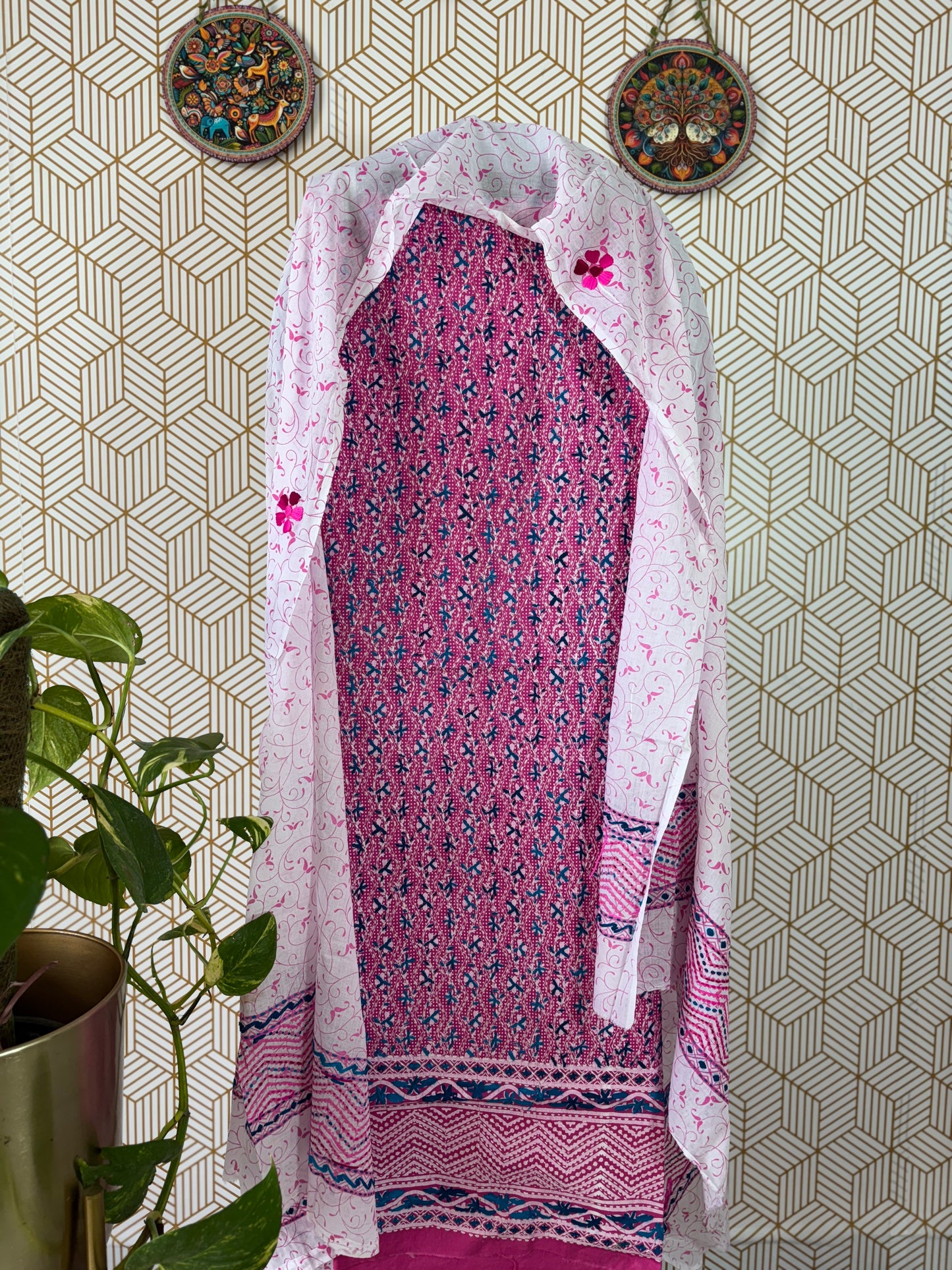 Hand Block Printed Pure Cotton Suit Set with Kantha Embroidery