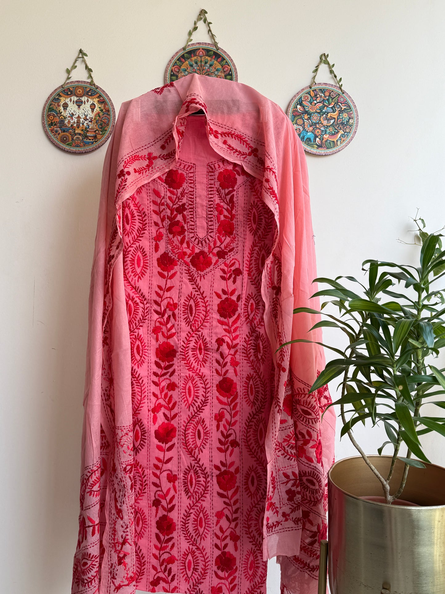 🌼 Bengal Handloom – Phulkari Pure Cotton Embroidered Suit Set-Coloured Base