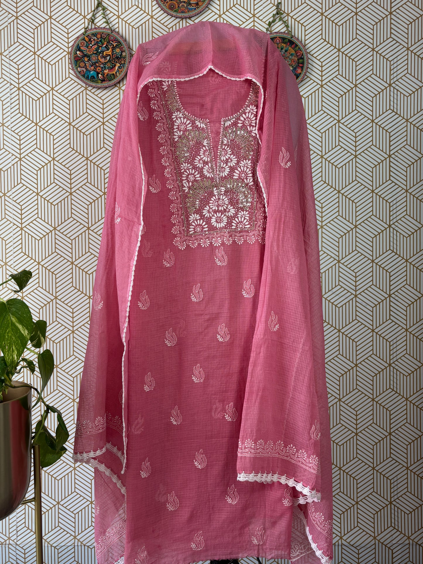 Lucknowi Chikankari Kota Doria Suit Set with Mukaish Work