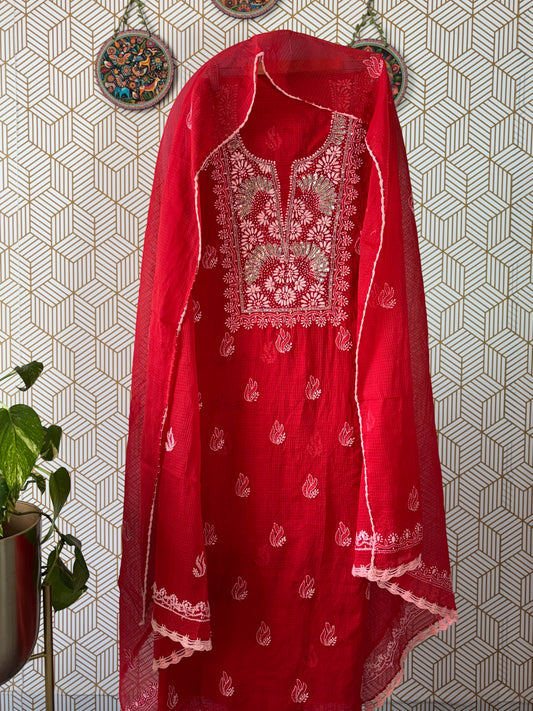 Lucknowi Chikankari Kota Doria Suit Set with Mukaish Work
