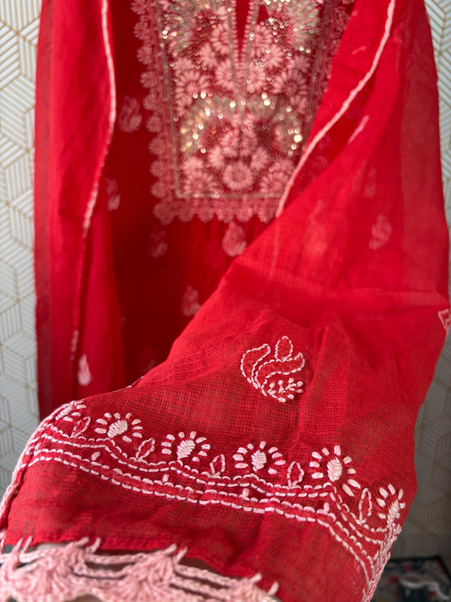 Lucknowi Chikankari Kota Doria Suit Set with Mukaish Work