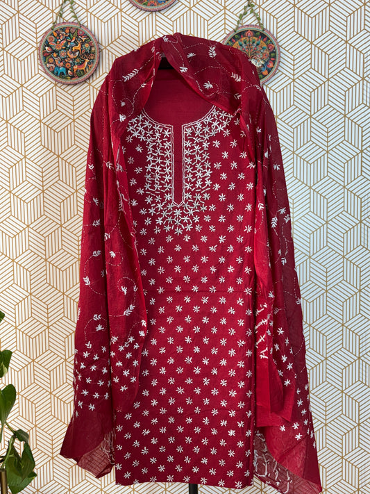 Pure Mul Cotton Kantha Hand Embroidered Suit Set