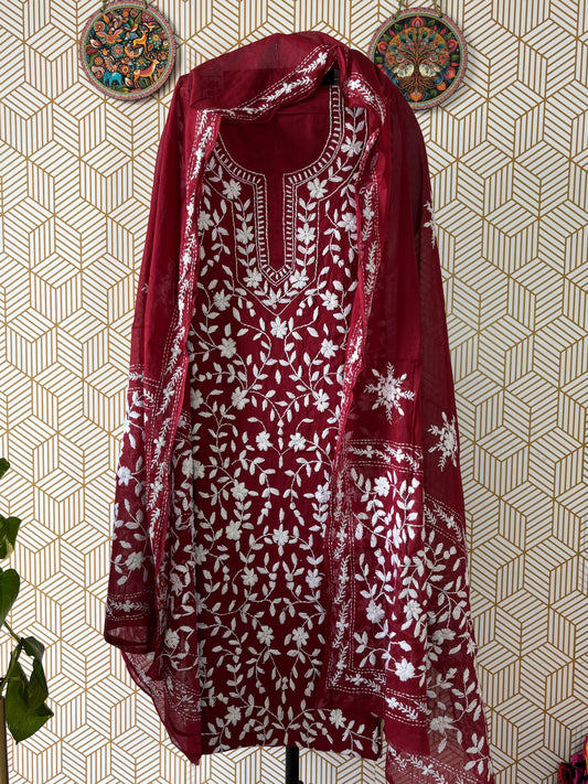 🌼 Bengal Handloom – Phulkari Pure Cotton Embroidered Suit Set-Coloured Base