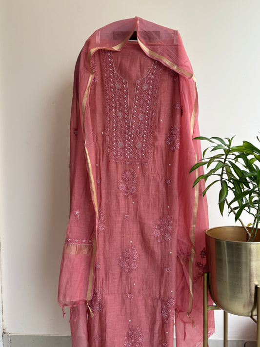 Lucknowi Chikankari Thread Work and Boota Work in Mul Chanderi add on Pearl Work and Cut Dana