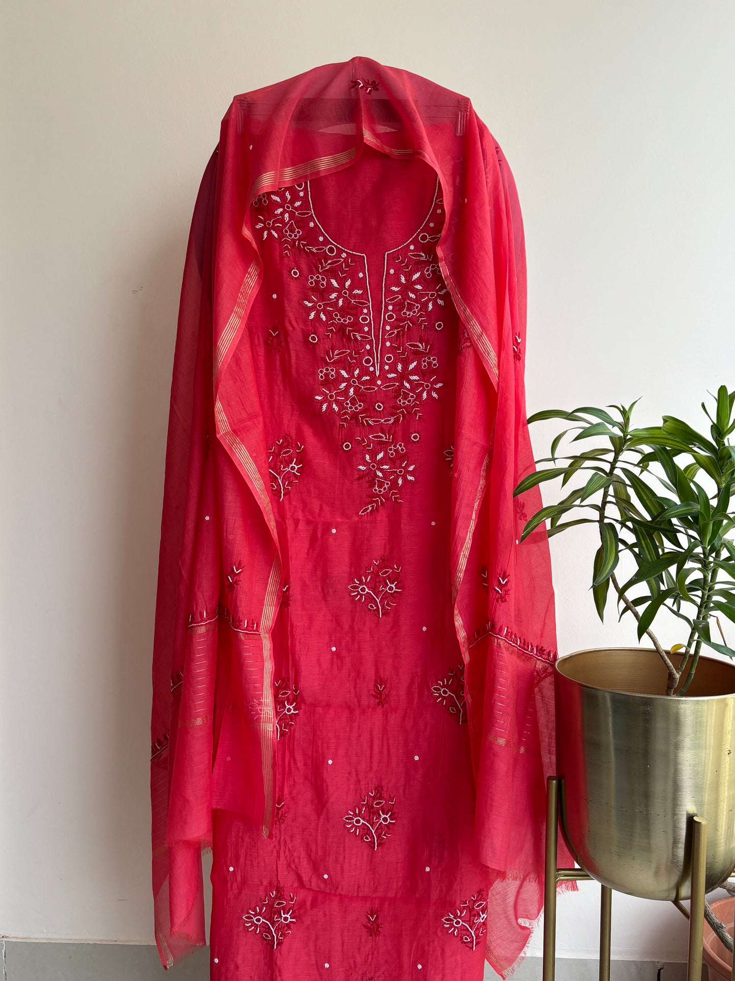 Lucknowi Chikankari Thread Work and Boota Work in Mul Chanderi add on Pearl Work and Cut Dana