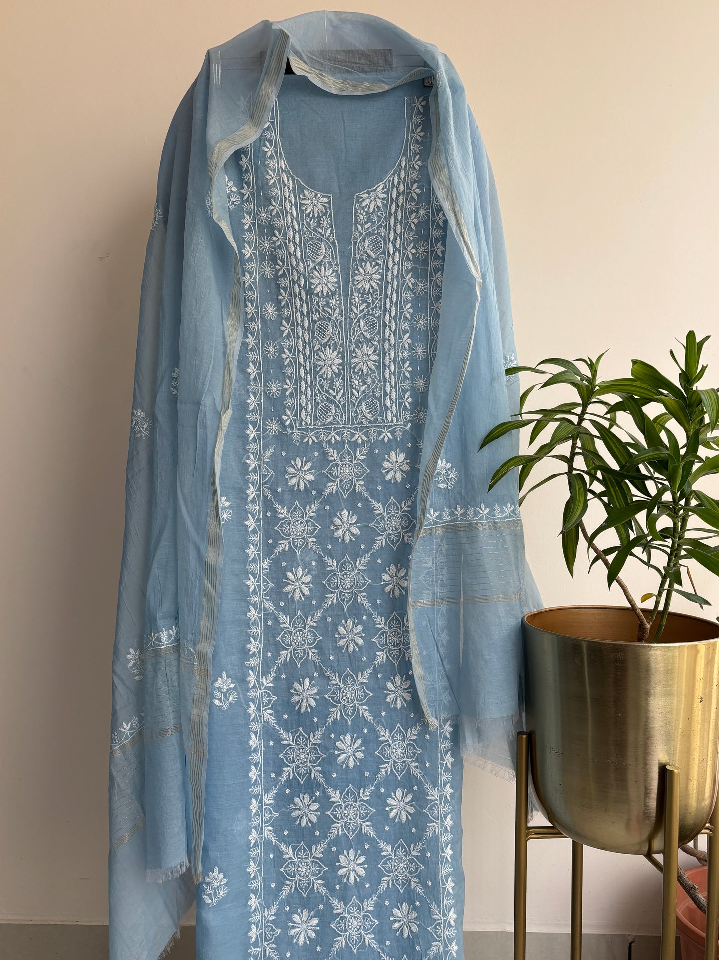 Lucknowi Chikankari Thread Work and full panel work in Mul Chanderi add on Pearl Work and Cut Dana