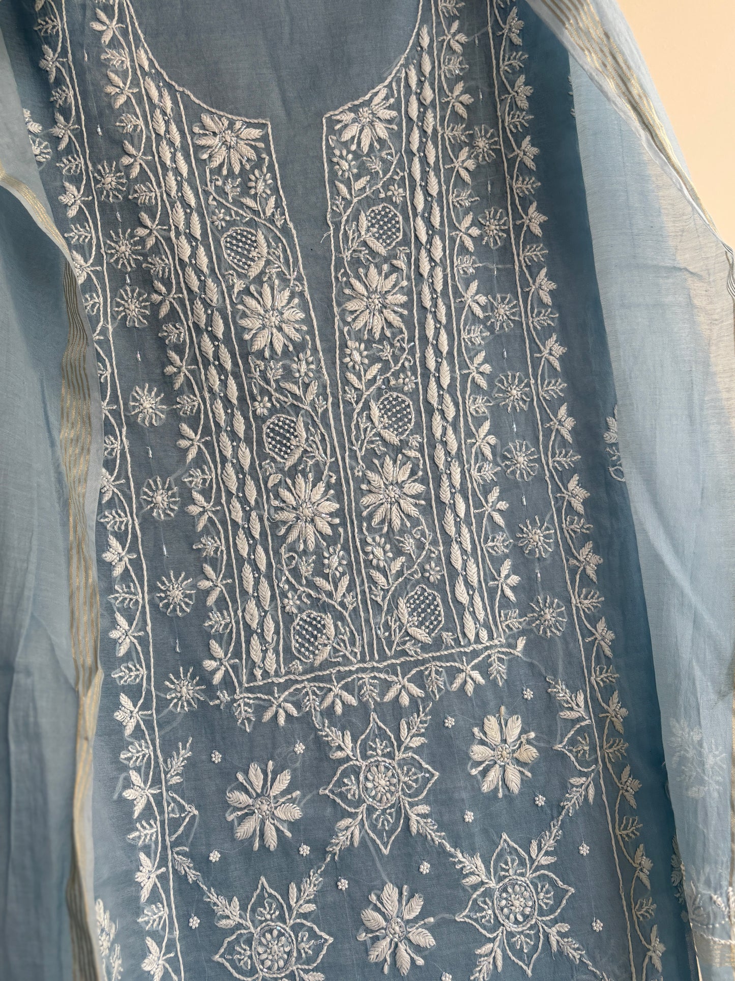 Lucknowi Chikankari Thread Work and full panel work in Mul Chanderi add on Pearl Work and Cut Dana