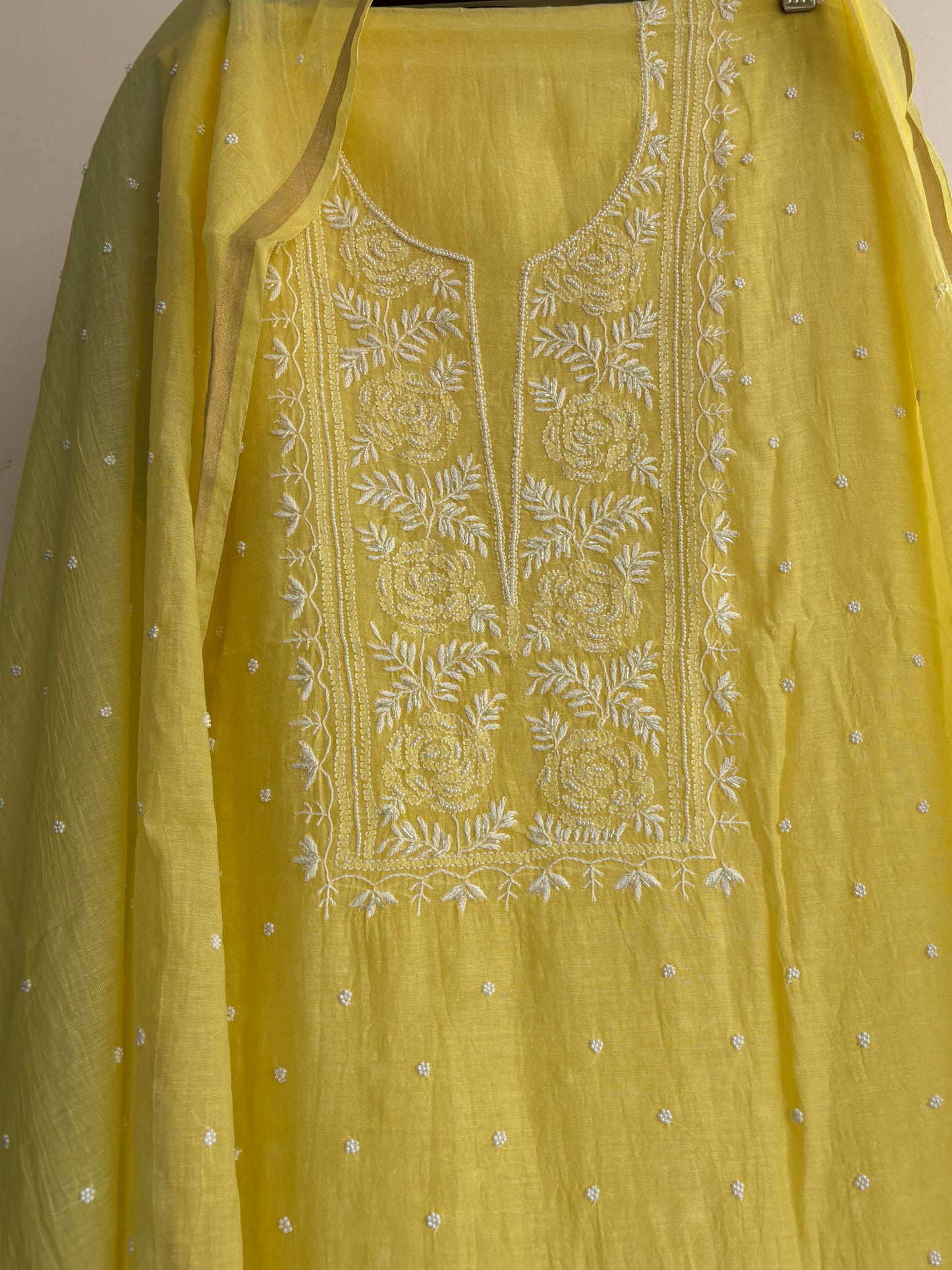 Lucknowi Chikankari Thread Work in Mul Chanderi add on Pearl Work