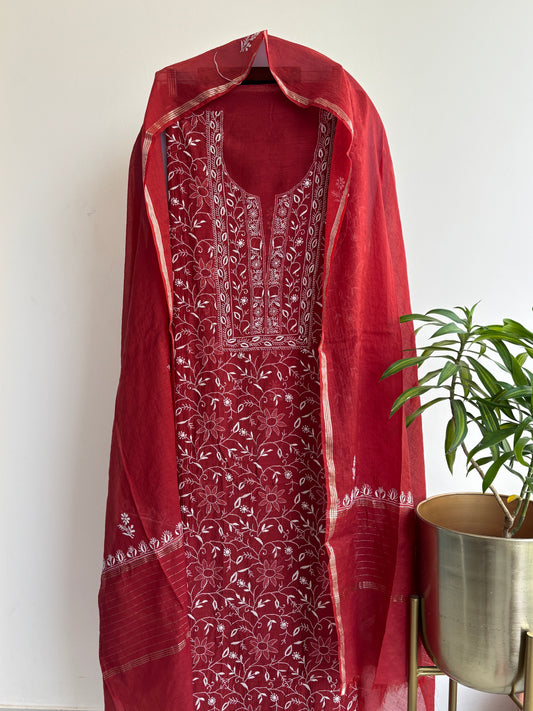 Pure Mul Chanderi Lucknowi Chikankari Set – Handcrafted Elegance