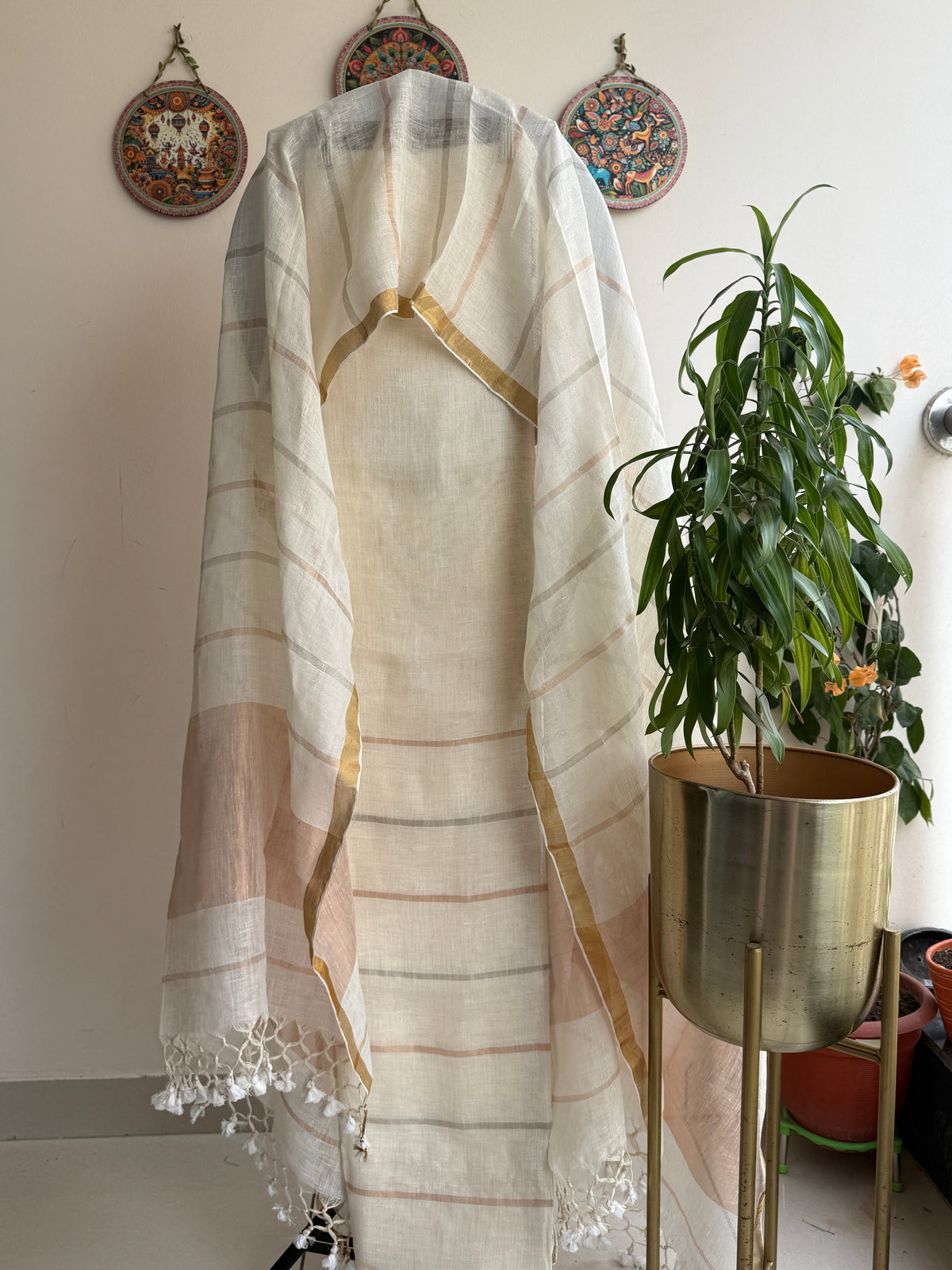 Pure Linen Handwoven Jamdani Kurta and Dupatta Set, Article No. 8 - front view [8]
