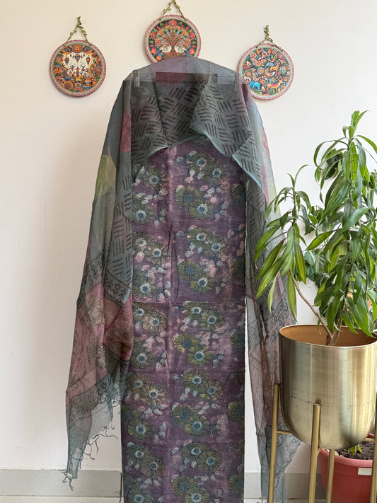 Pomegranate peel dyed cotton suit set with hand block print, Article No. 7 - Charcoal green floral [7]