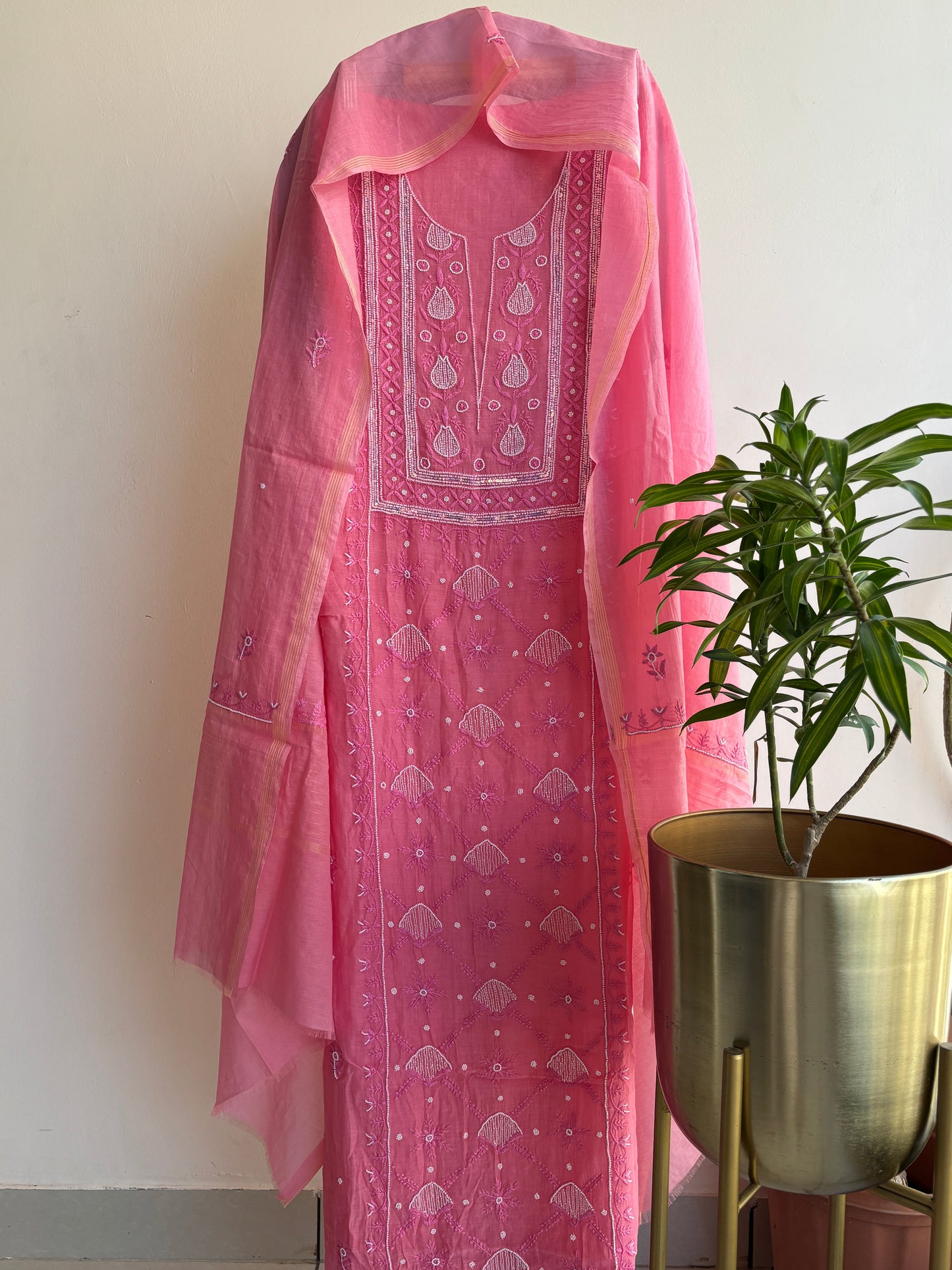 Lucknowi Chikankari Thread Work and full panel work in Mul Chanderi add on Pearl Work and Cut Dana