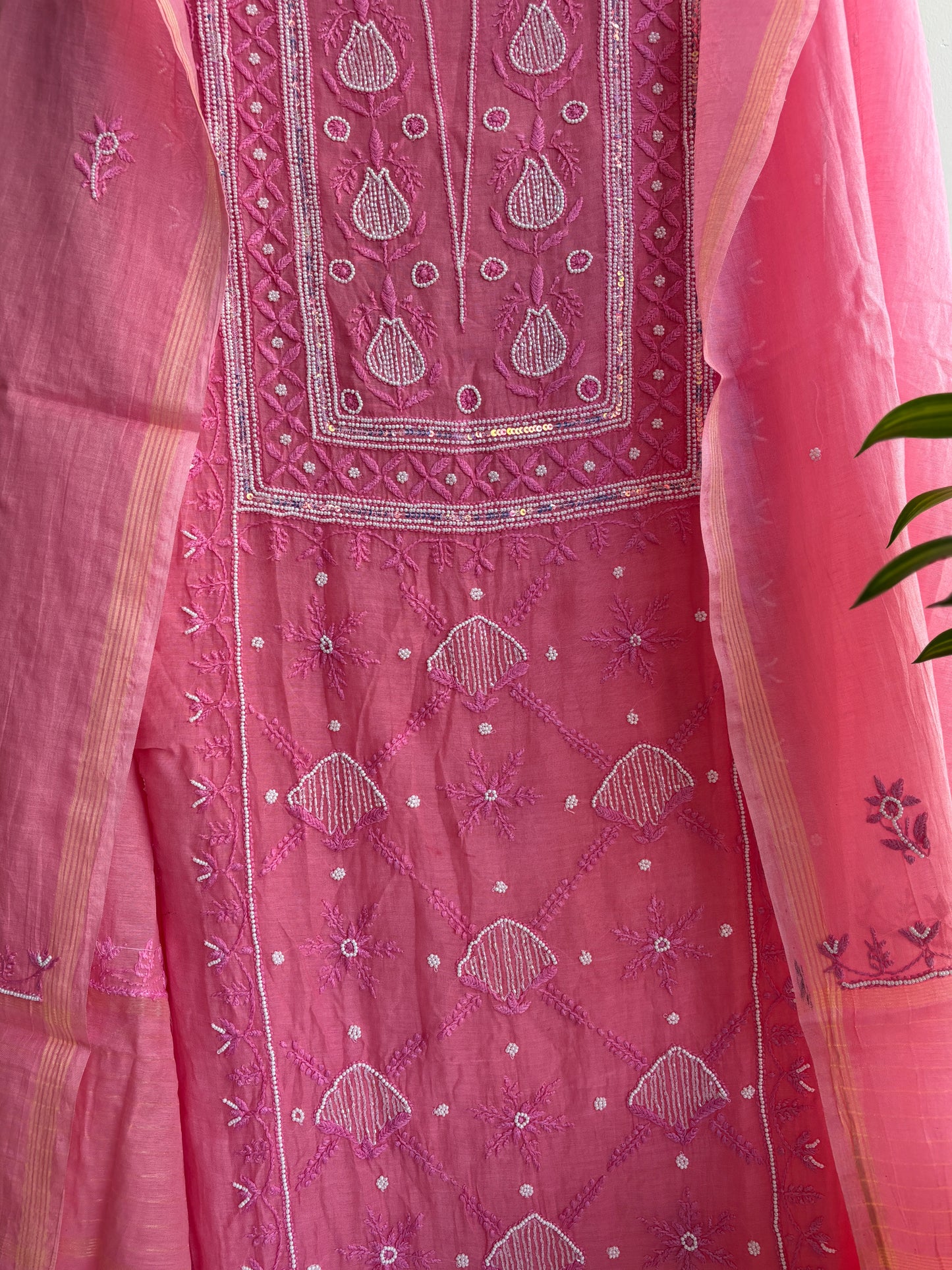 Lucknowi Chikankari Thread Work and full panel work in Mul Chanderi add on Pearl Work and Cut Dana