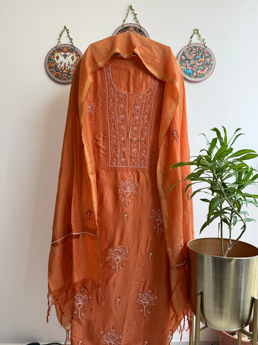 Lucknowi Chikankari Thread Work and Boota Work in Mul Chanderi add on Pearl Work and Cut Dana