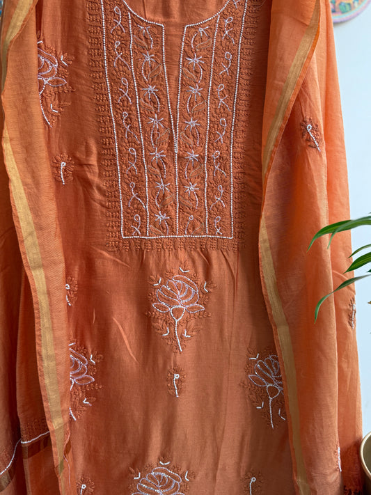 Lucknowi Chikankari Thread Work and Boota Work in Mul Chanderi add on Pearl Work and Cut Dana