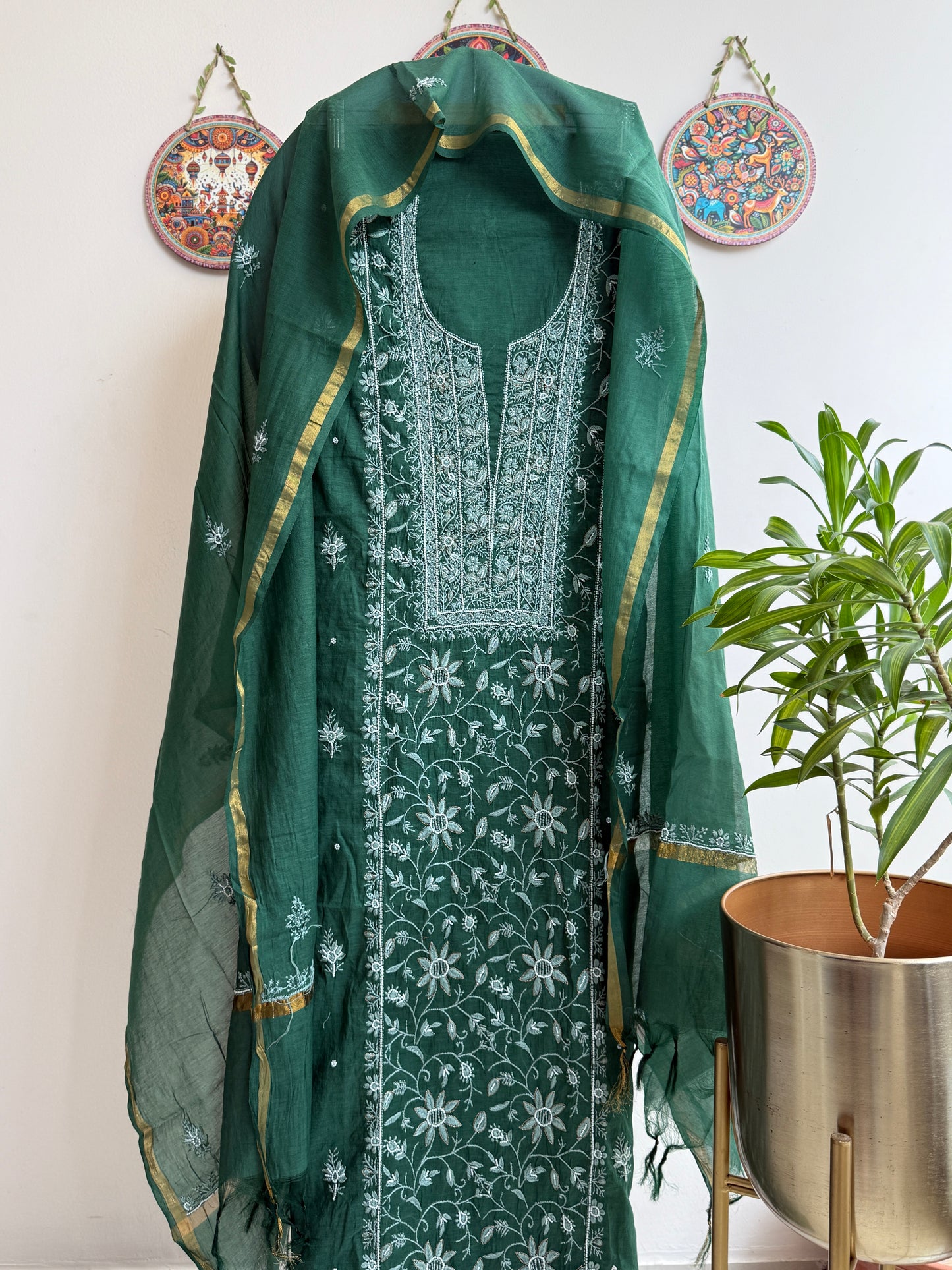 Lucknowi Chikankari Thread Work and full panel work in Mul Chanderi add on Pearl Work and Cut Dana