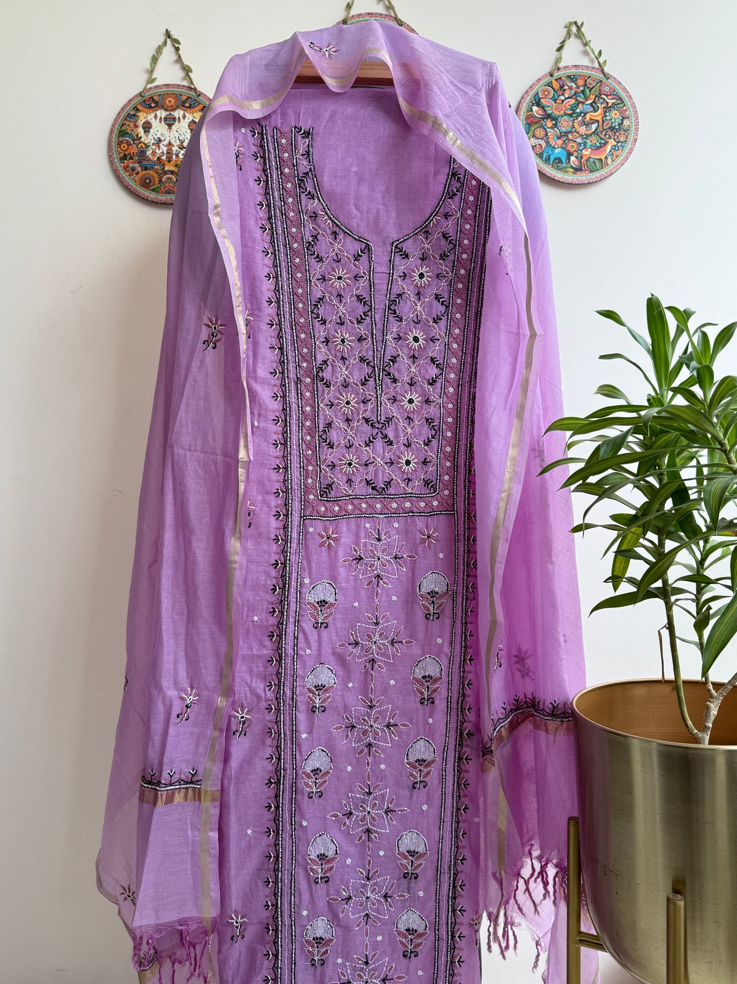 Lucknowi Chikankari Thread Work and full panel work in Mul Chanderi add on Pearl Work and Cut Dana (Colorfull Embroidery)