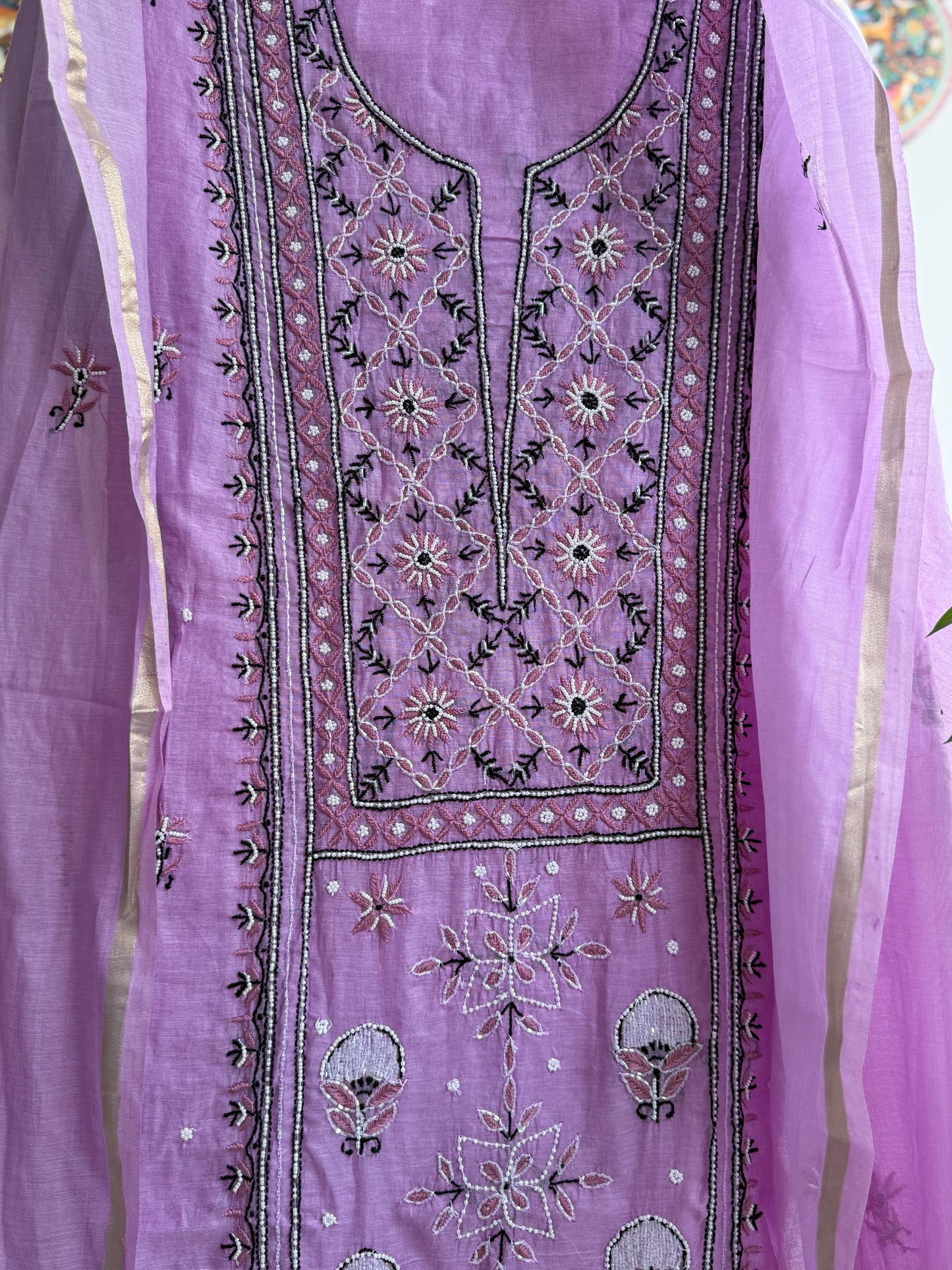 Lucknowi Chikankari Thread Work and full panel work in Mul Chanderi add on Pearl Work and Cut Dana (Colorfull Embroidery)