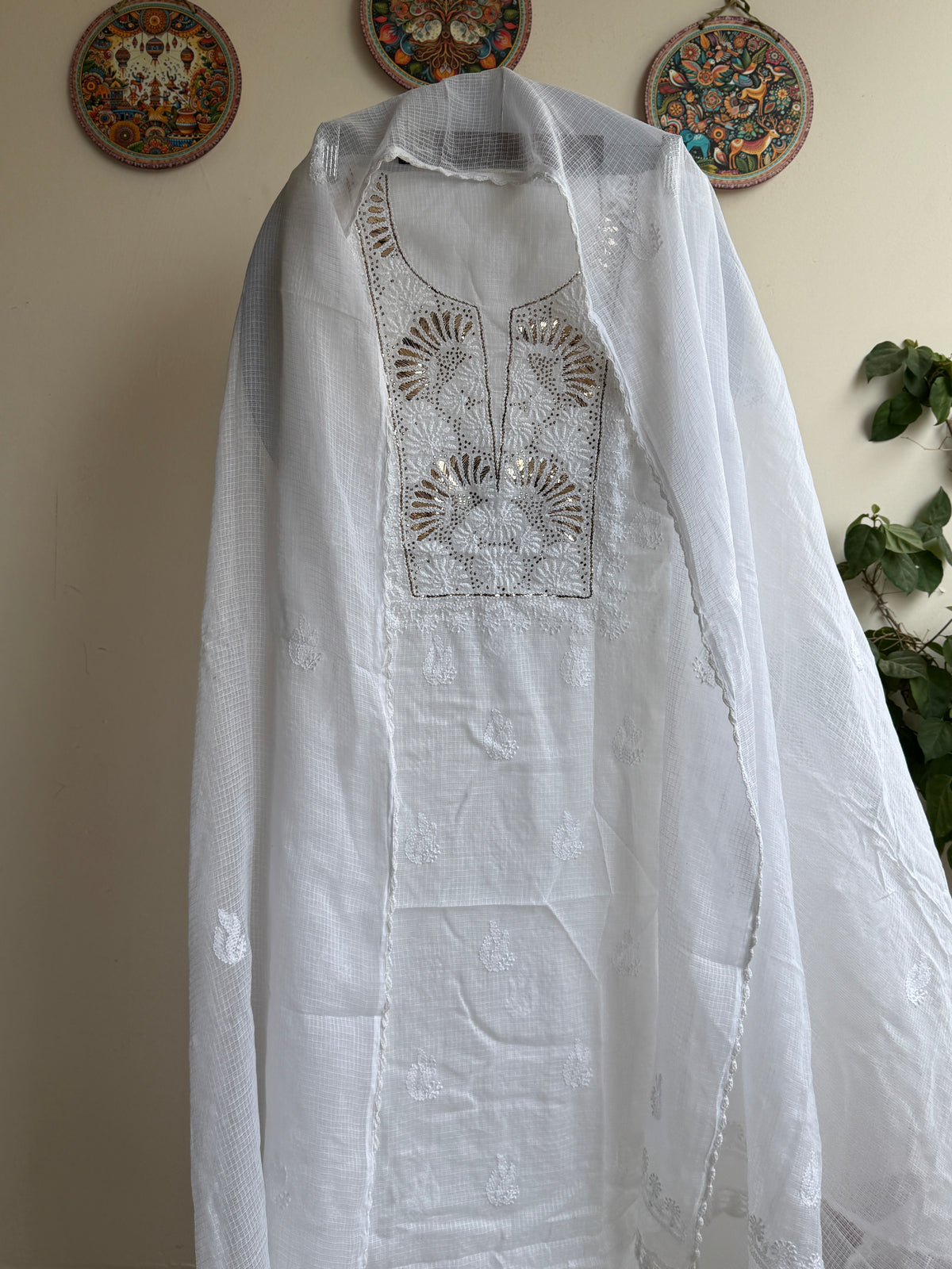 Lucknowi Chikankari Kota Doria Suit Set with Mukaish Work