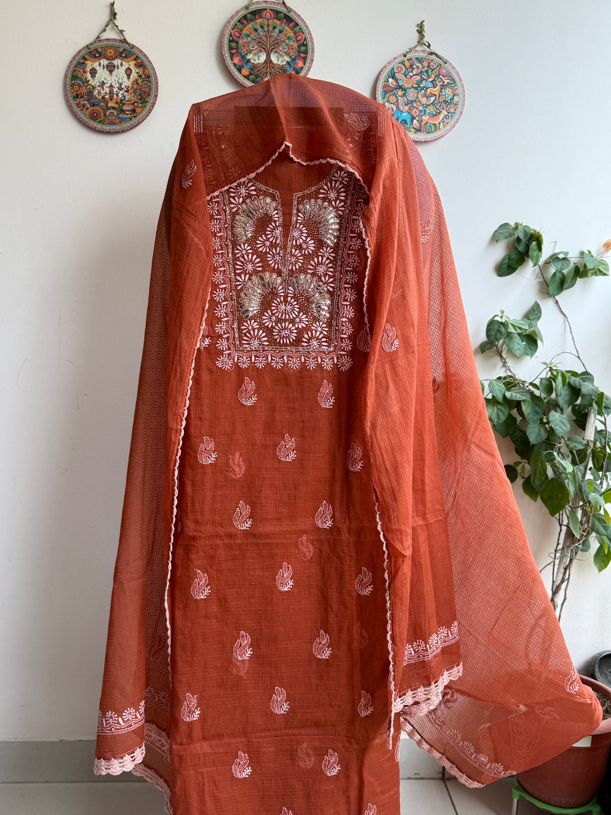 Lucknowi Chikankari Kota Doria Suit Set with Mukaish Work