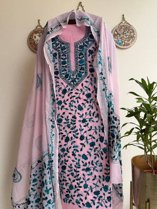 🌼 Bengal Handloom – Phulkari Pure Cotton Embroidered Suit Set-Coloured Base