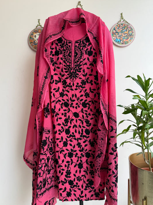 🌼 Bengal Handloom – Phulkari Pure Cotton Embroidered Suit Set-Coloured Base
