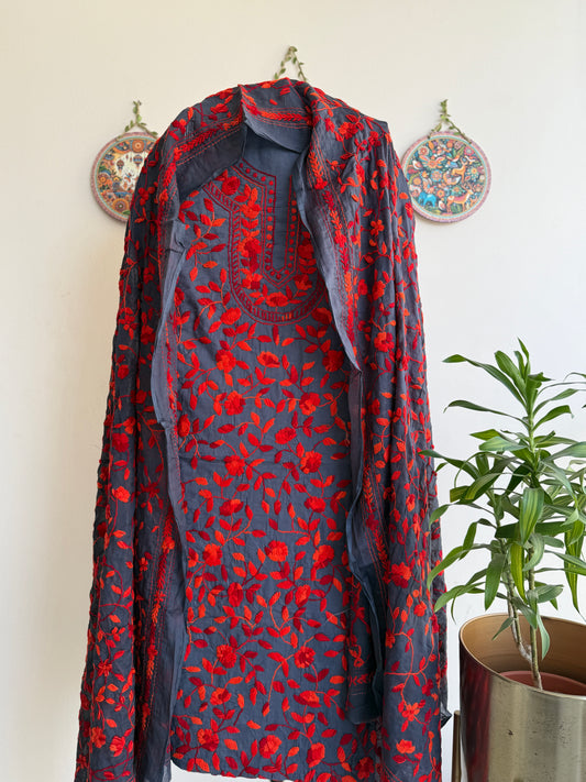 🌼 Bengal Handloom – Phulkari Pure Cotton Embroidered Suit Set (With Full Jaal Dupatta) ✨
