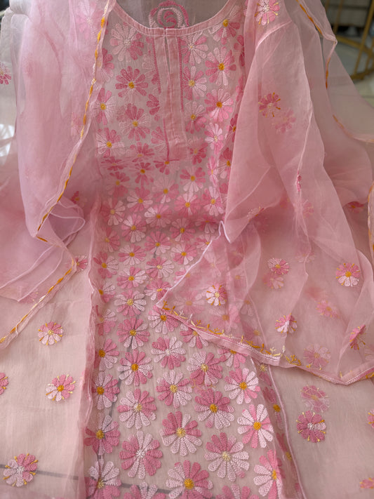 Semi Stiched Suit Set with Lucknowi Shadow Chikankari Thread Work in Pure Organza