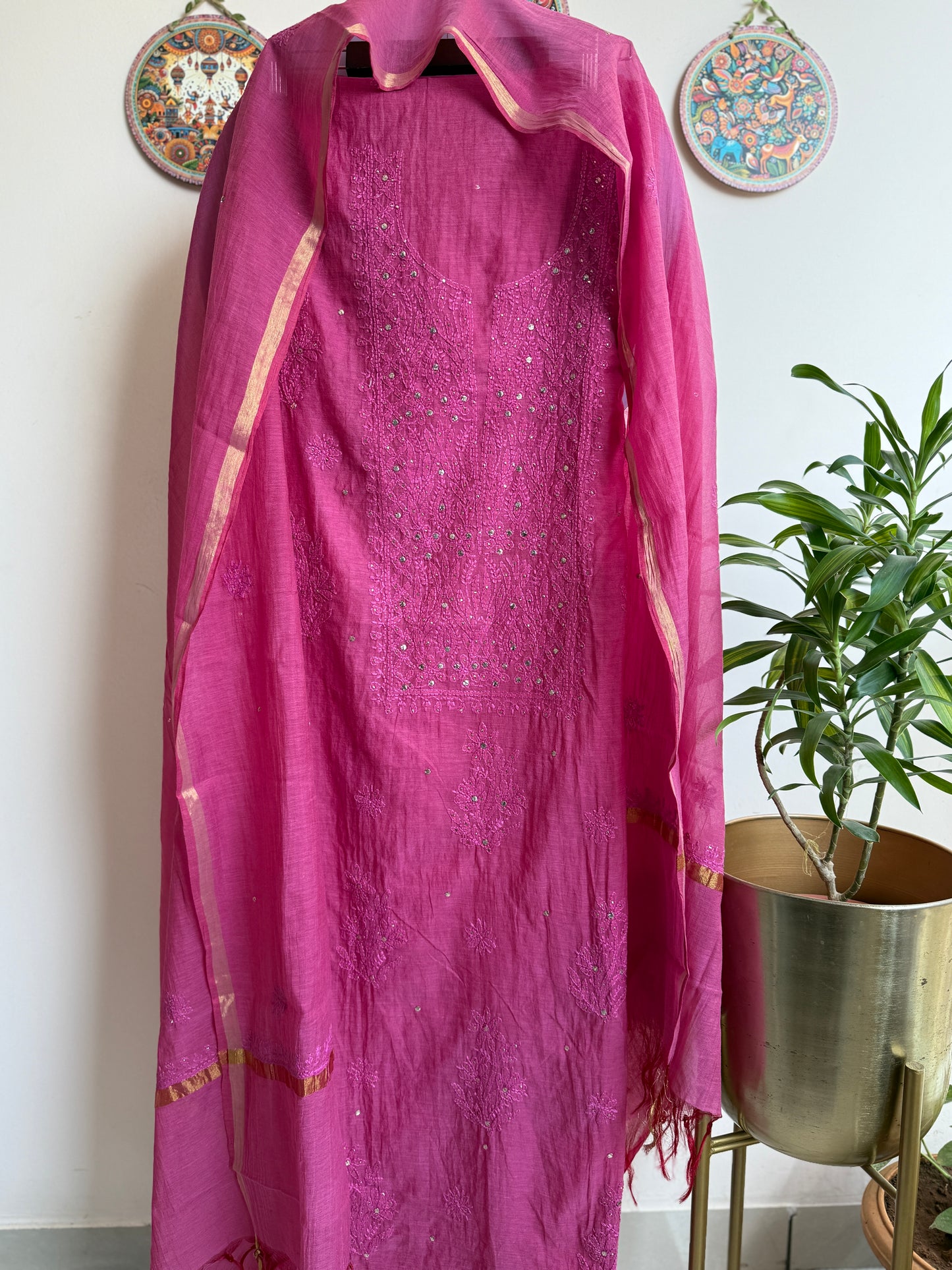 Lucknowi Chikankari Thread Work in Mul Chanderi with add on Mukaish Work Dana