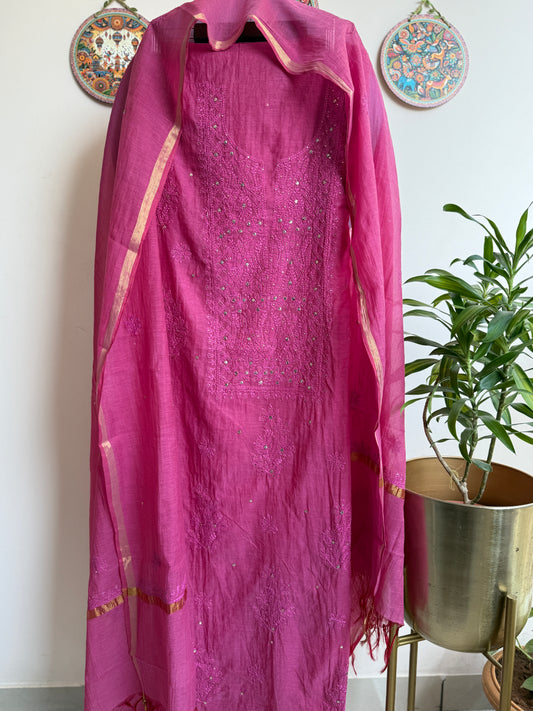 Lucknowi Chikankari Thread Work in Mul Chanderi with add on Mukaish Work Dana