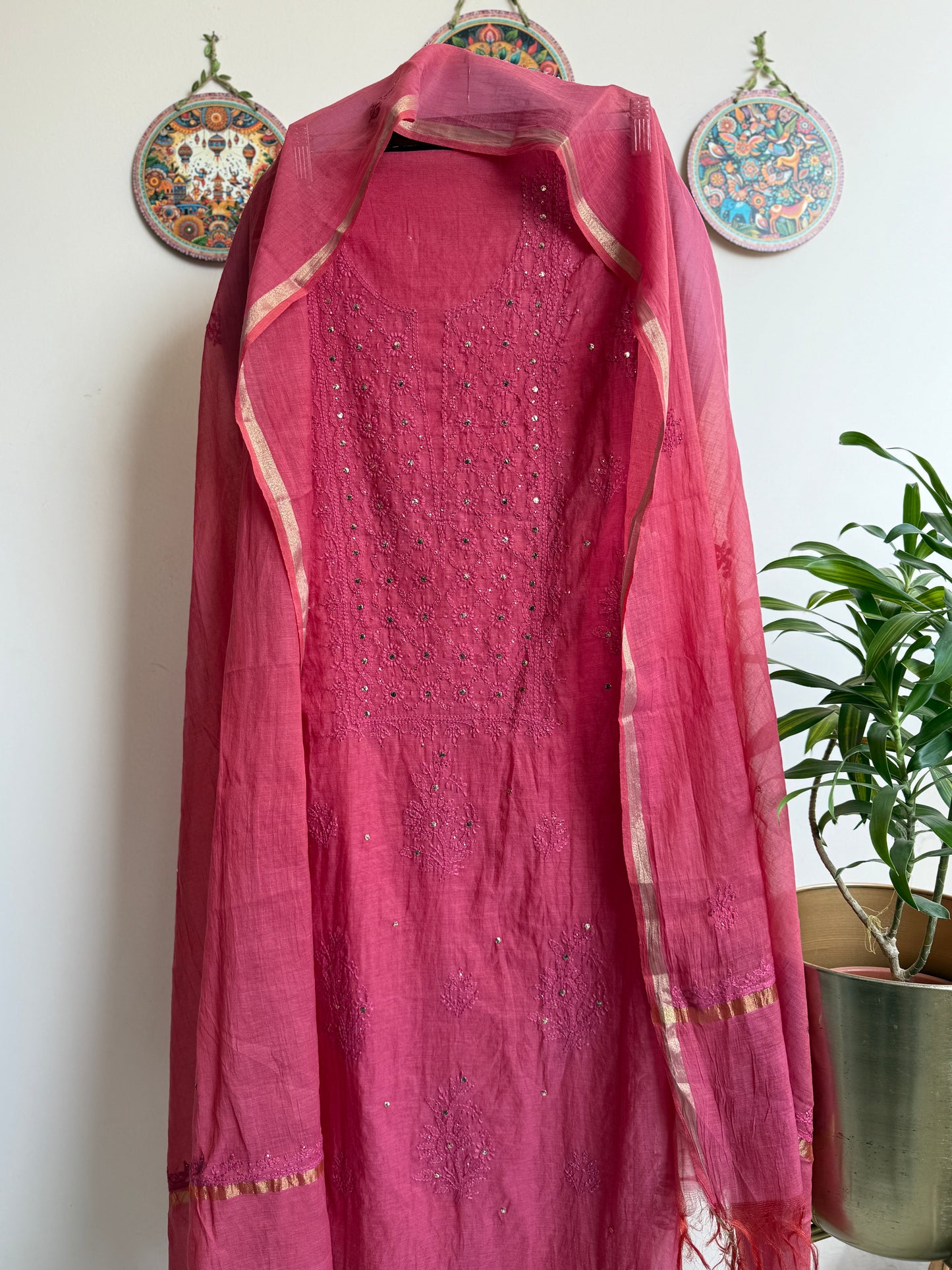 Lucknowi Chikankari Thread Work in Mul Chanderi with add on Mukaish Work Dana