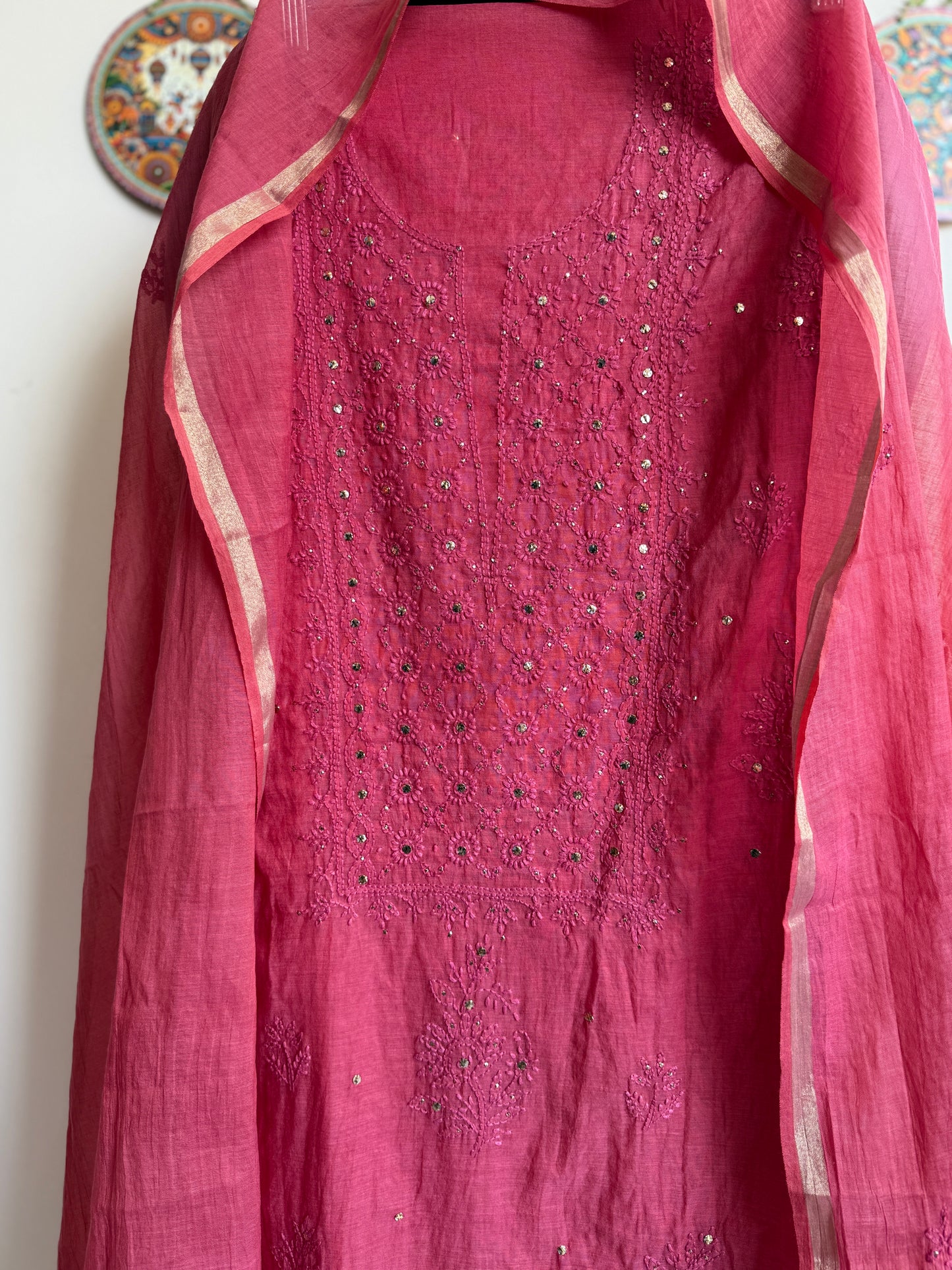 Lucknowi Chikankari Thread Work in Mul Chanderi with add on Mukaish Work Dana