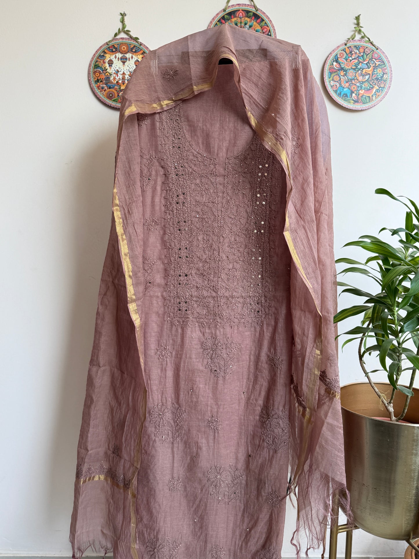 Lucknowi Chikankari Thread Work in Mul Chanderi with add on Mukaish Work Dana