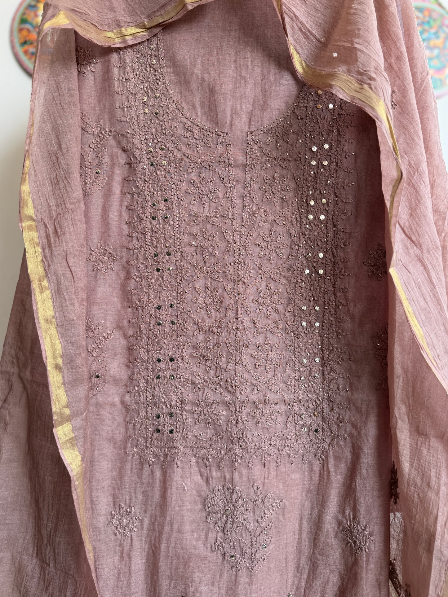Lucknowi Chikankari Thread Work in Mul Chanderi with add on Mukaish Work Dana