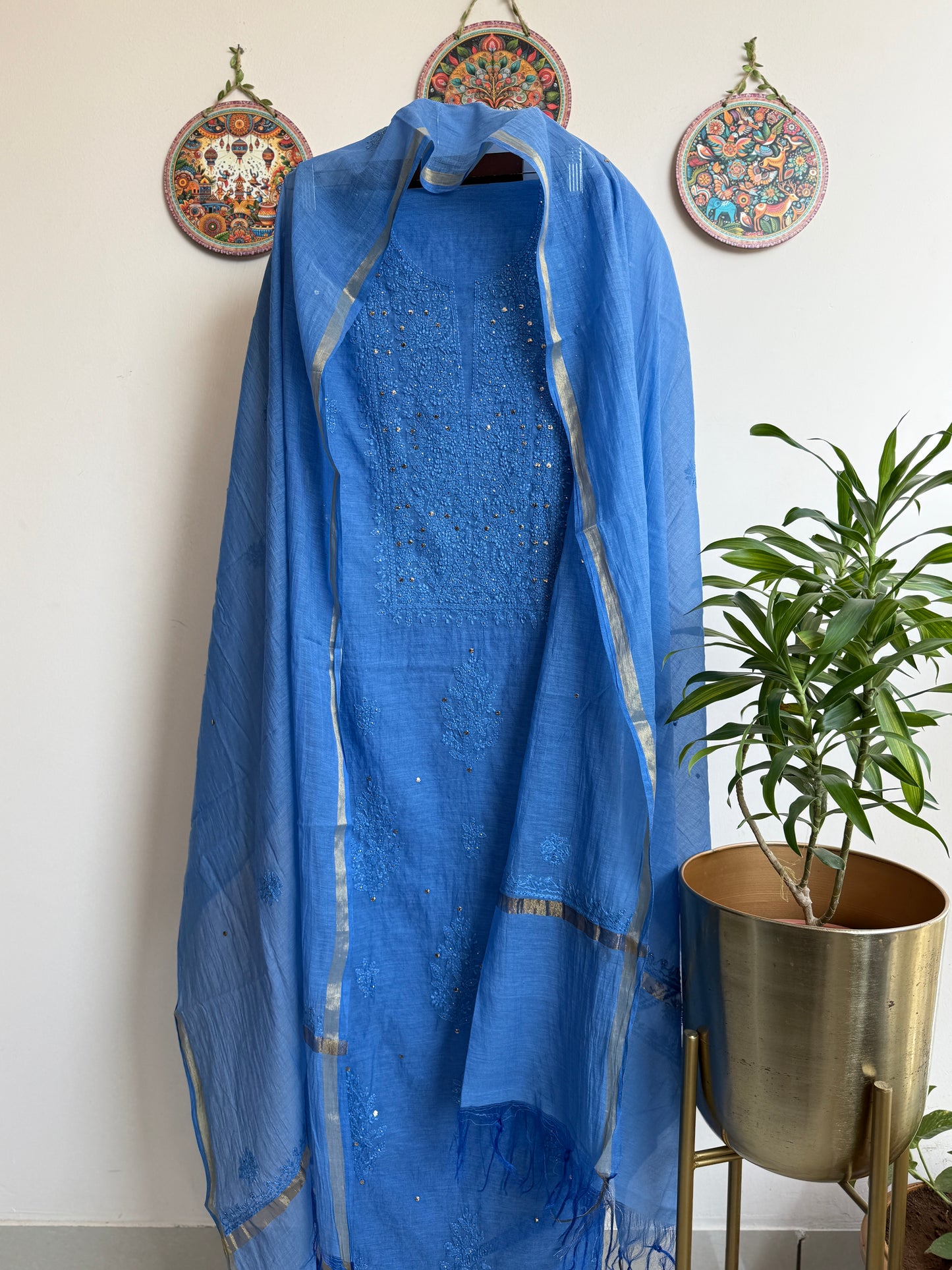 Lucknowi Chikankari Thread Work in Mul Chanderi with add on Mukaish Work Dana