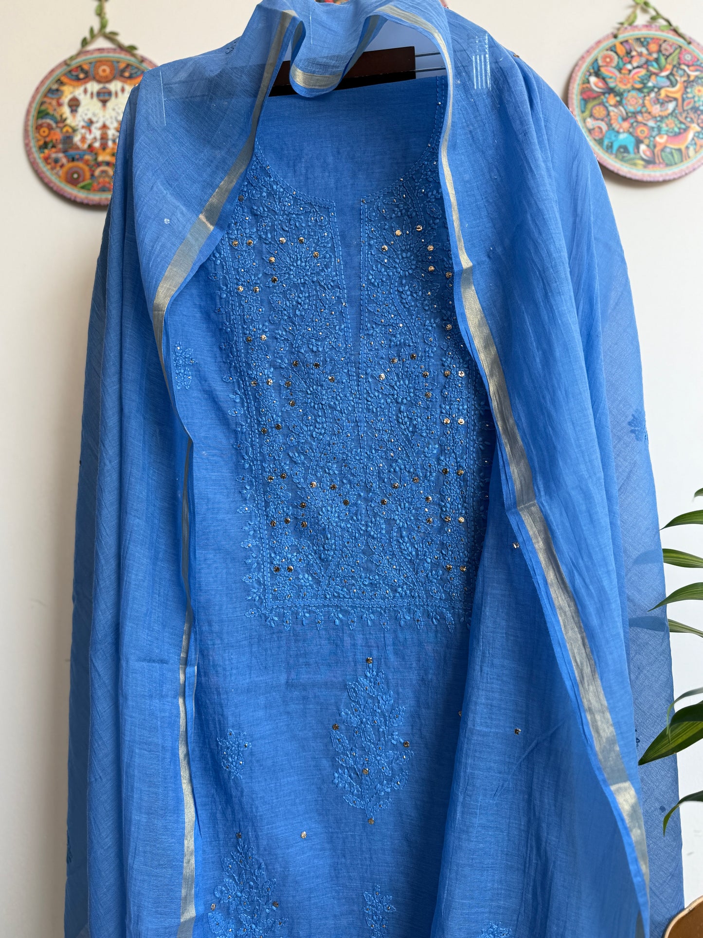 Lucknowi Chikankari Thread Work in Mul Chanderi with add on Mukaish Work Dana