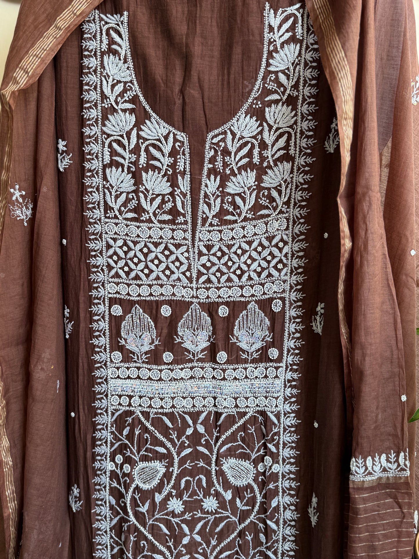 Lucknowi Chikankari Thread Work and full panel work in Mul Chanderi add on Pearl Work and Cut Dana