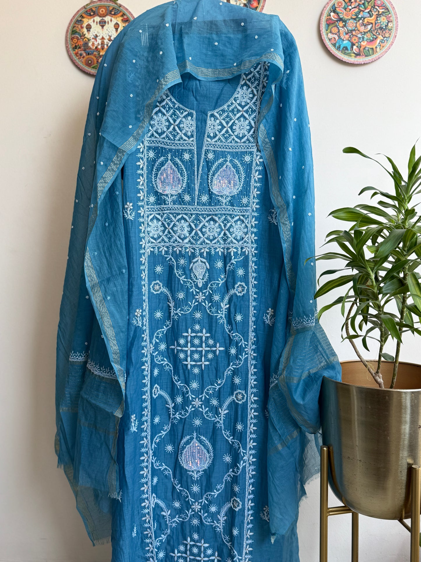 Lucknowi Chikankari Thread Work and full panel work in Mul Chanderi add on Pearl Work and Cut Dana