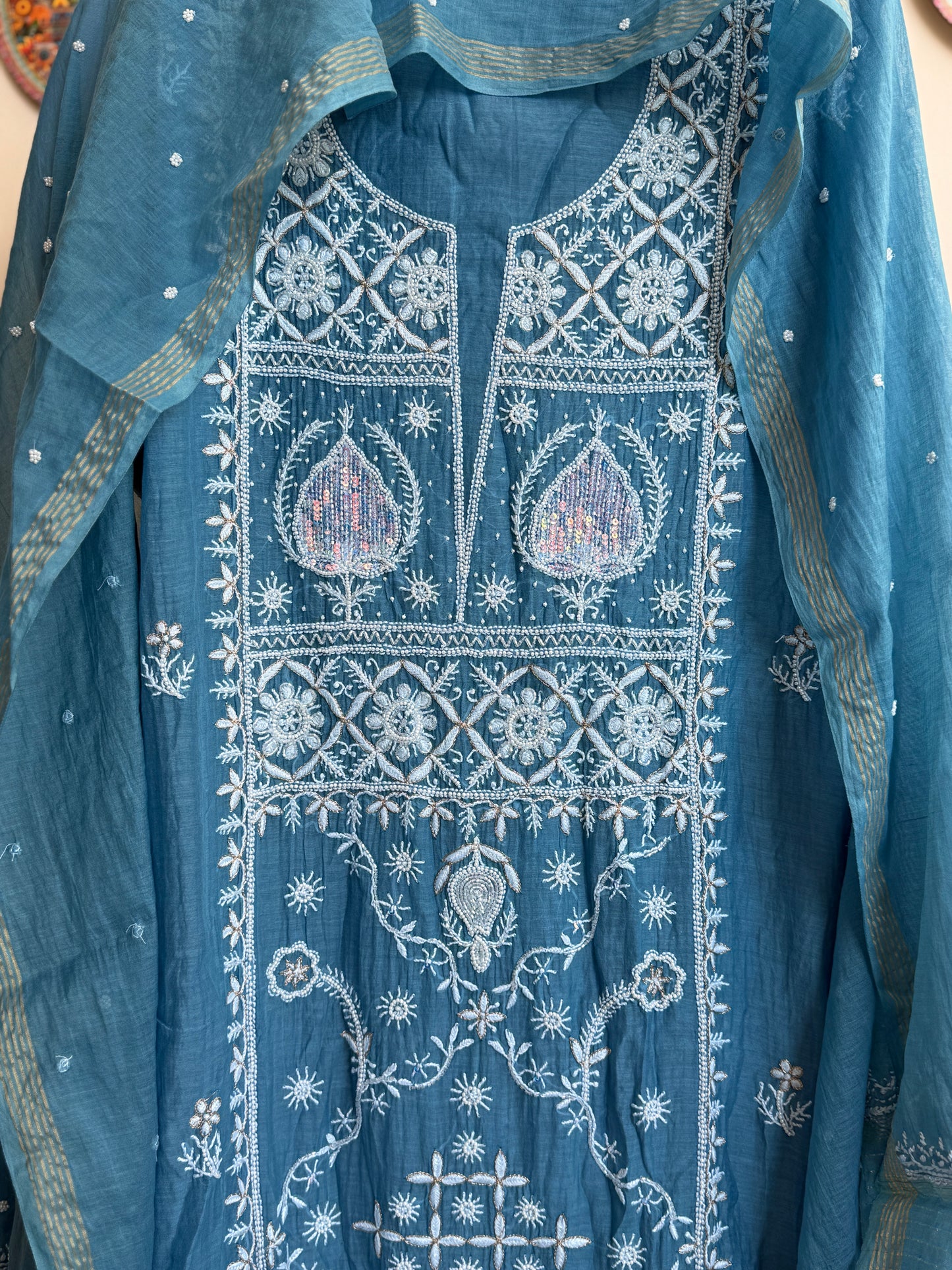 Lucknowi Chikankari Thread Work and full panel work in Mul Chanderi add on Pearl Work and Cut Dana