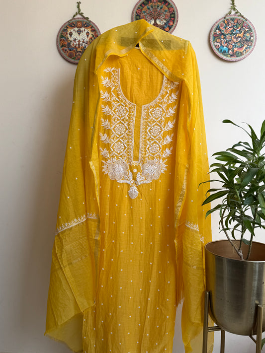 Lucknowi Chikankari Thread Work in Mul Chanderi add on Pearl Work and Cut Dana