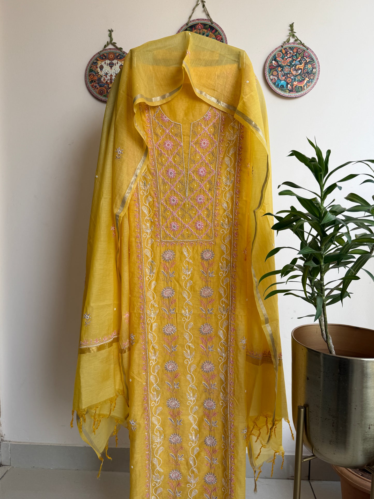 Lucknowi Chikankari Thread Work and full panel work in Mul Chanderi add on Pearl Work and Cut Dana (Colorfull Embroidery)