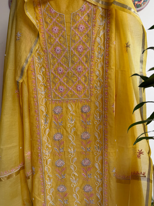 Lucknowi Chikankari Thread Work and full panel work in Mul Chanderi add on Pearl Work and Cut Dana (Colorfull Embroidery)